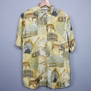 Vintage Gerry Weber‎ Safari Print Tunic Blouse Sz S EU 36 Yellow Beige Button Up